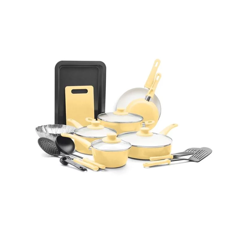 GreenLife 18-Piece Soft Grip Toxin-Free Healthy Ceramic Non-Stick Cookware Set, Yellow, Dishwasher Safe
