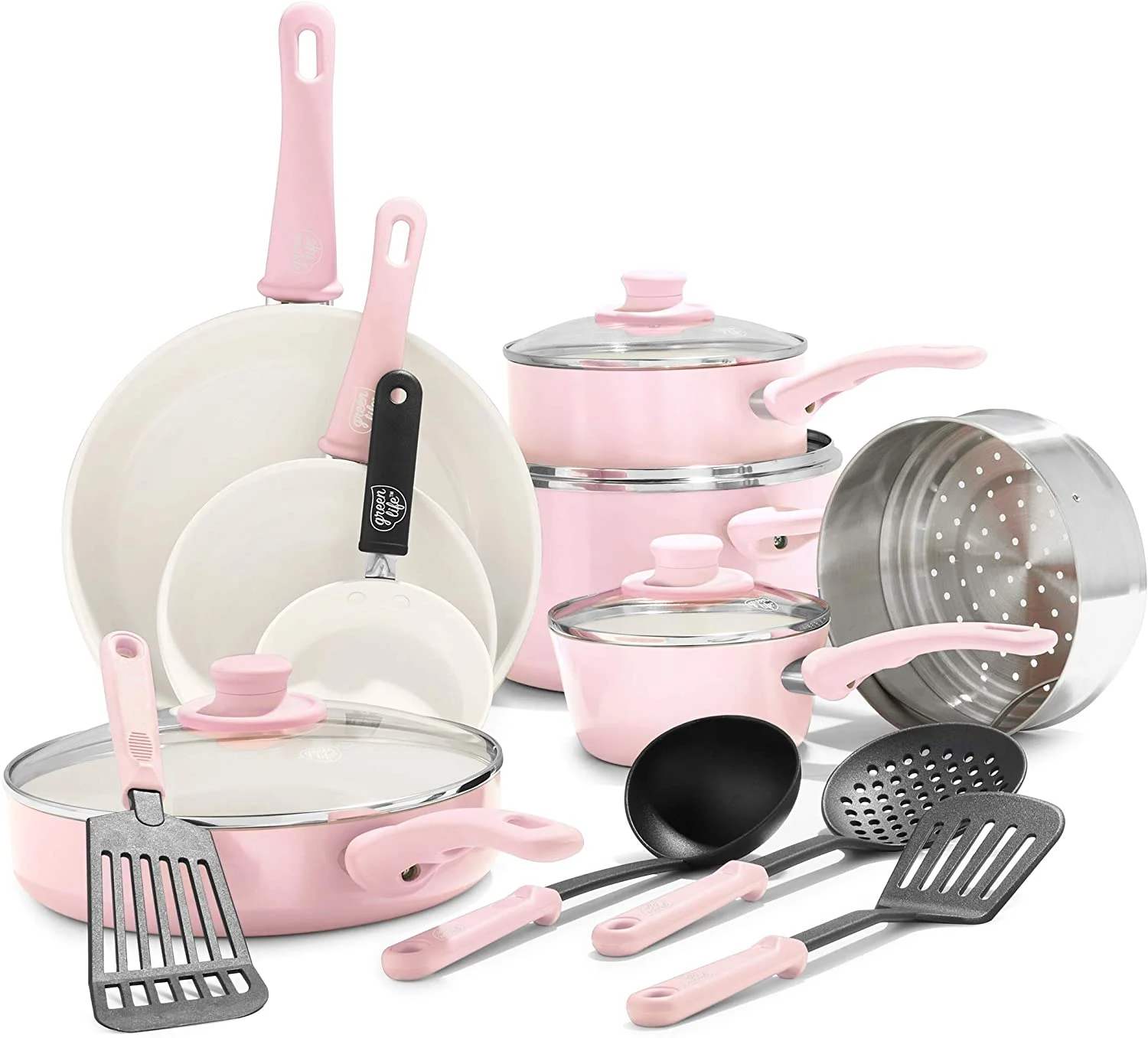 GreenLife Soft Grip Healthy Ceramic Nonstick, 16 Piece Cookware Pots and Pans Set, PFAS-Free, Dishwasher Safe, Soft Pink