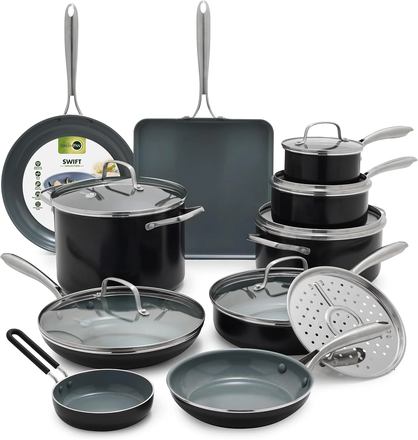 GreenPan 17 Piece Nonstick Swift Cookware Set, Ceramic PFAS-Free Pots & Pans with Lids, Dishwasher & Oven Broiler Safe to 600F, Kitchen Cooking Set, Sauce, Saute, Stock, Griddle, Frying Pans, Gray