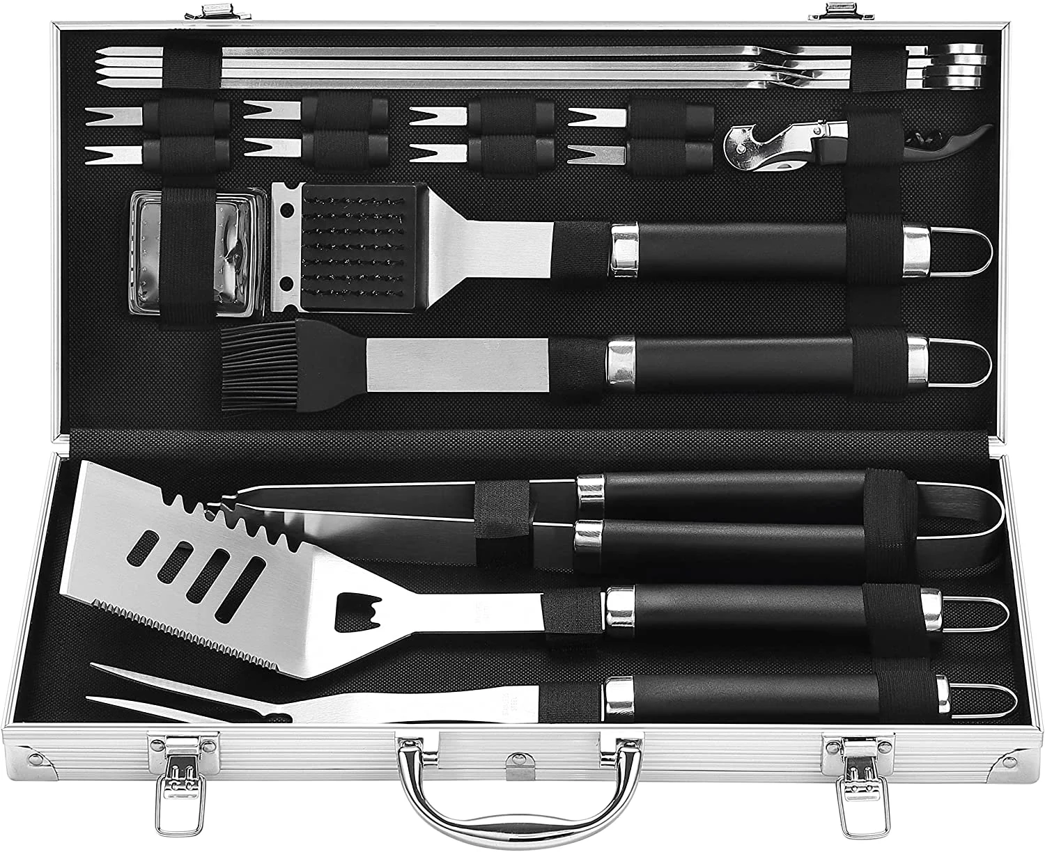 Grilljoy 20PCS BBQ Grill Tools Set – Extra Thick Stainless Steel Fork, Spatula, Tongs& Cleaning Brush – Complete Barbecue Grilling Utensils Set in Aluminum Storage Case – Perfect Grill Gifts for Men