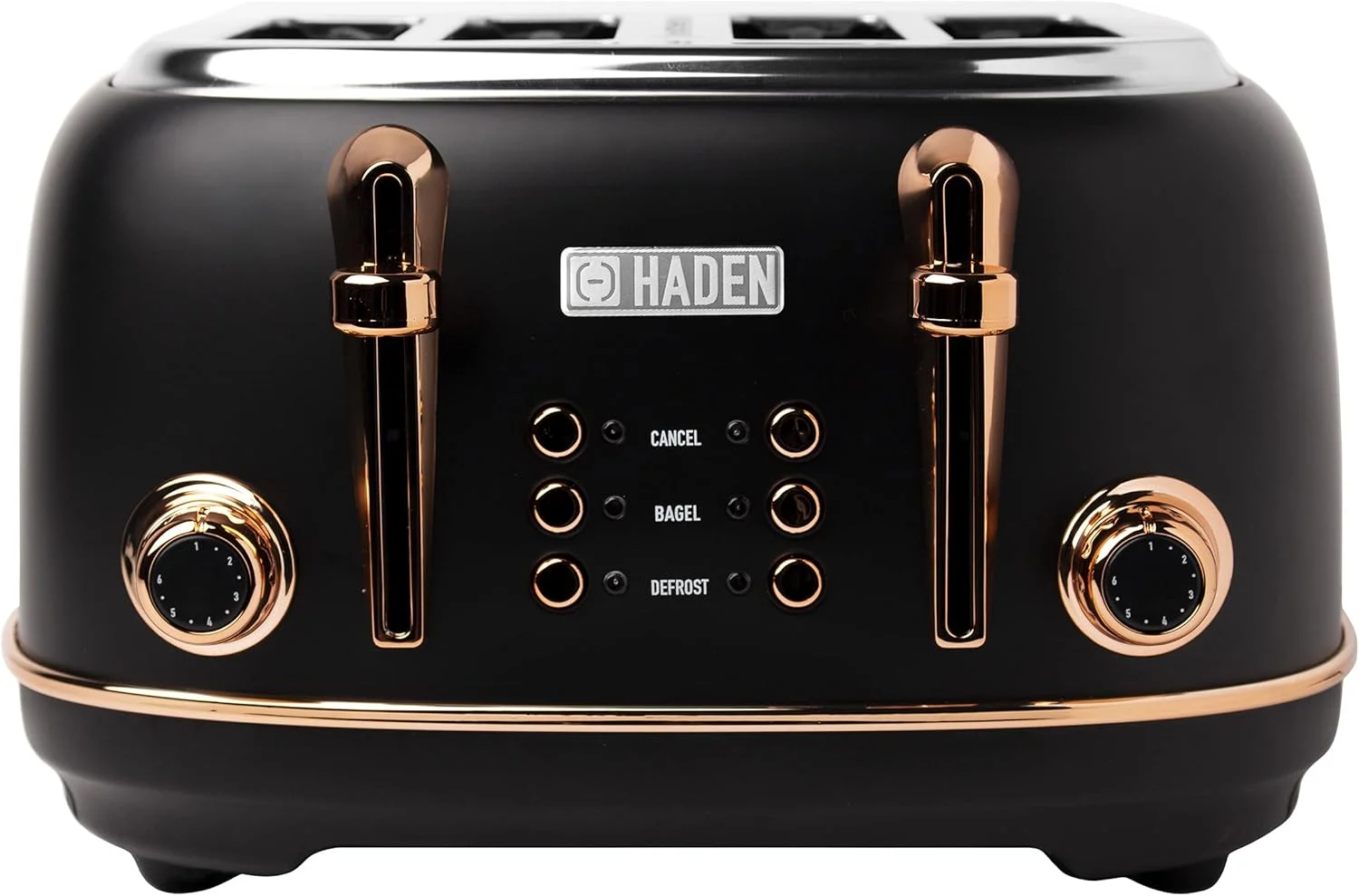 HADEN Heritage 4-Slice Toaster with Extra Wide Slots, 1500-Watt, Black & Copper – Retro Stainless Steel Design with Self-Centering Function, Adjustable Browning Control & Removable Crumb Tray