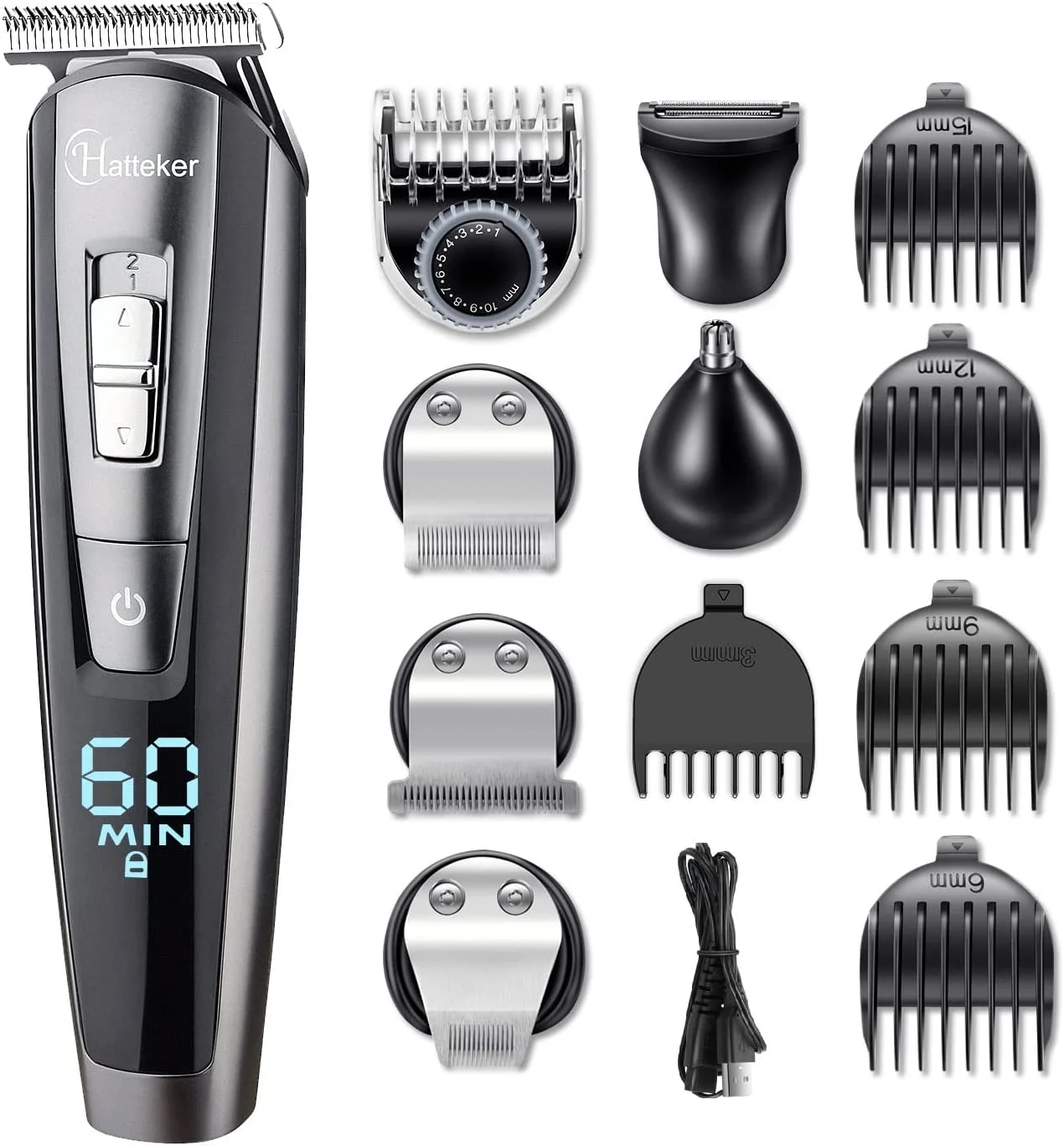 HATTEKER Hair Clipper Beard Trimmer Kit for Men Cordless Hair Mustache Trimmer Hair Cutting Groomer Kit Precision Trimmer Waterproof USB Rechargeable 5 in 1