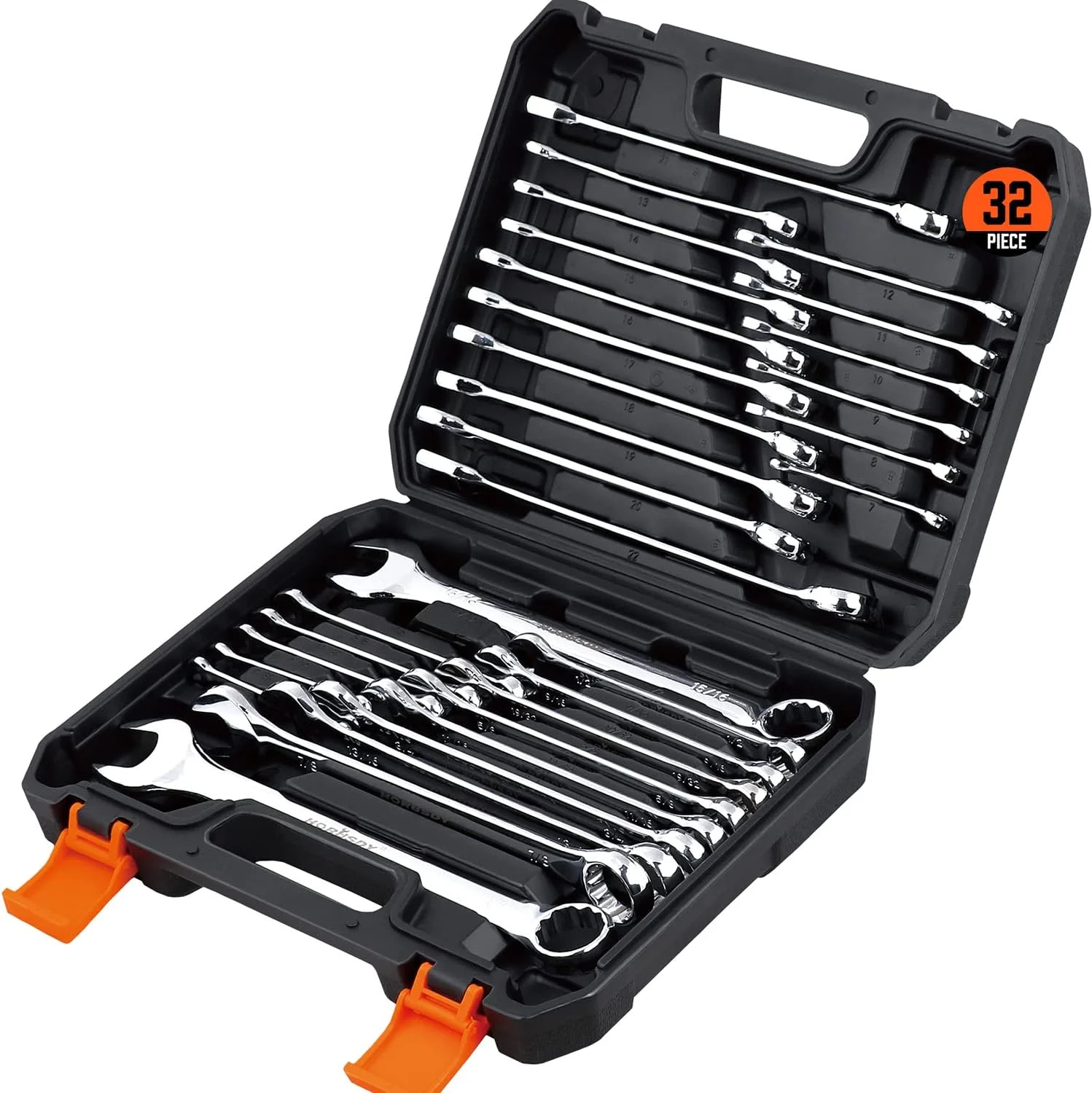 HORUSDY HWCWSET32 32-Piece Combination Wrench Set, SAE and Metric, 1/4″-1″ & 7mm-22mm, 12 Point, Chrome Vanadium Steel Construction with Case