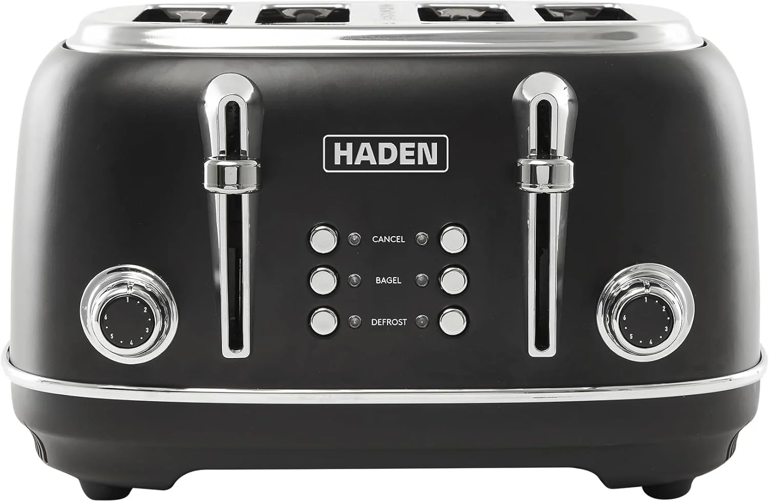 Haden Heritage 4 Slice Wide Slot Stainless Steel Toaster with Adjustable Browning Control & Non-Slip Feet, Black & Chrome