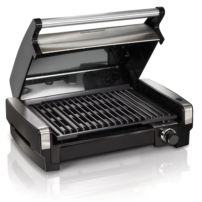 Hamilton Beach Electric Indoor Searing Grill Removable Easy – 12.5-in L x 9.6-in W Non-Stick Contact Grill, 6-Serving, Extra-Large Drip Tray, Stainless Steel (25360)