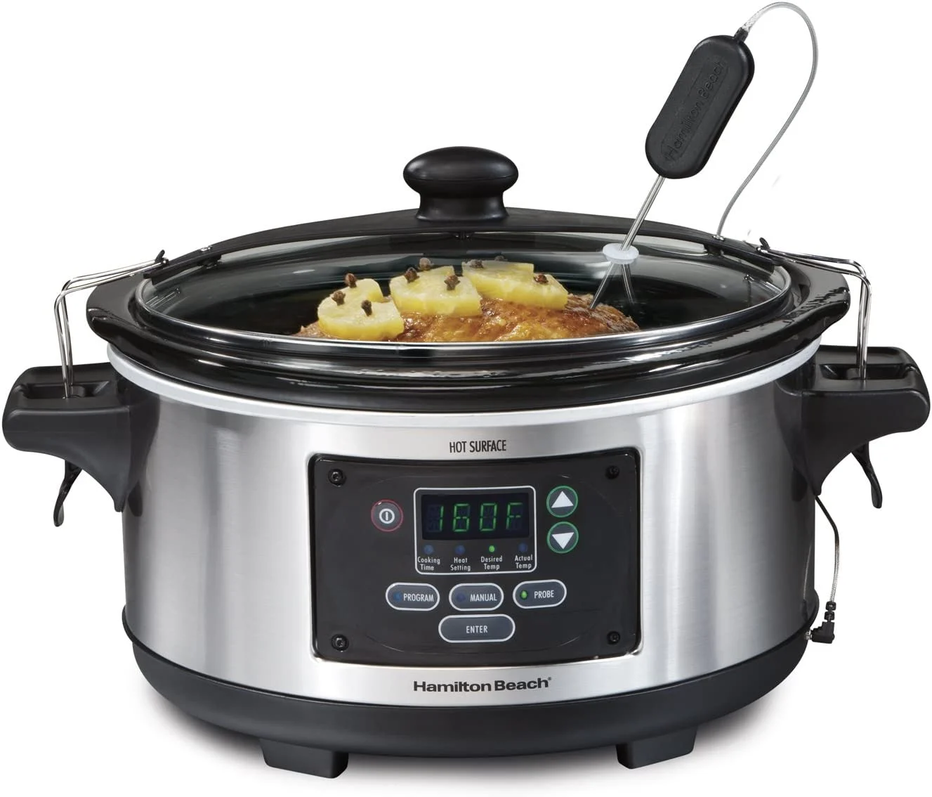 Hamilton Beach Portable 6-Quart Set & Forget Digital Programmable Slow Cooker with Lid Lock, Temperature Probe, Stainless Steel
