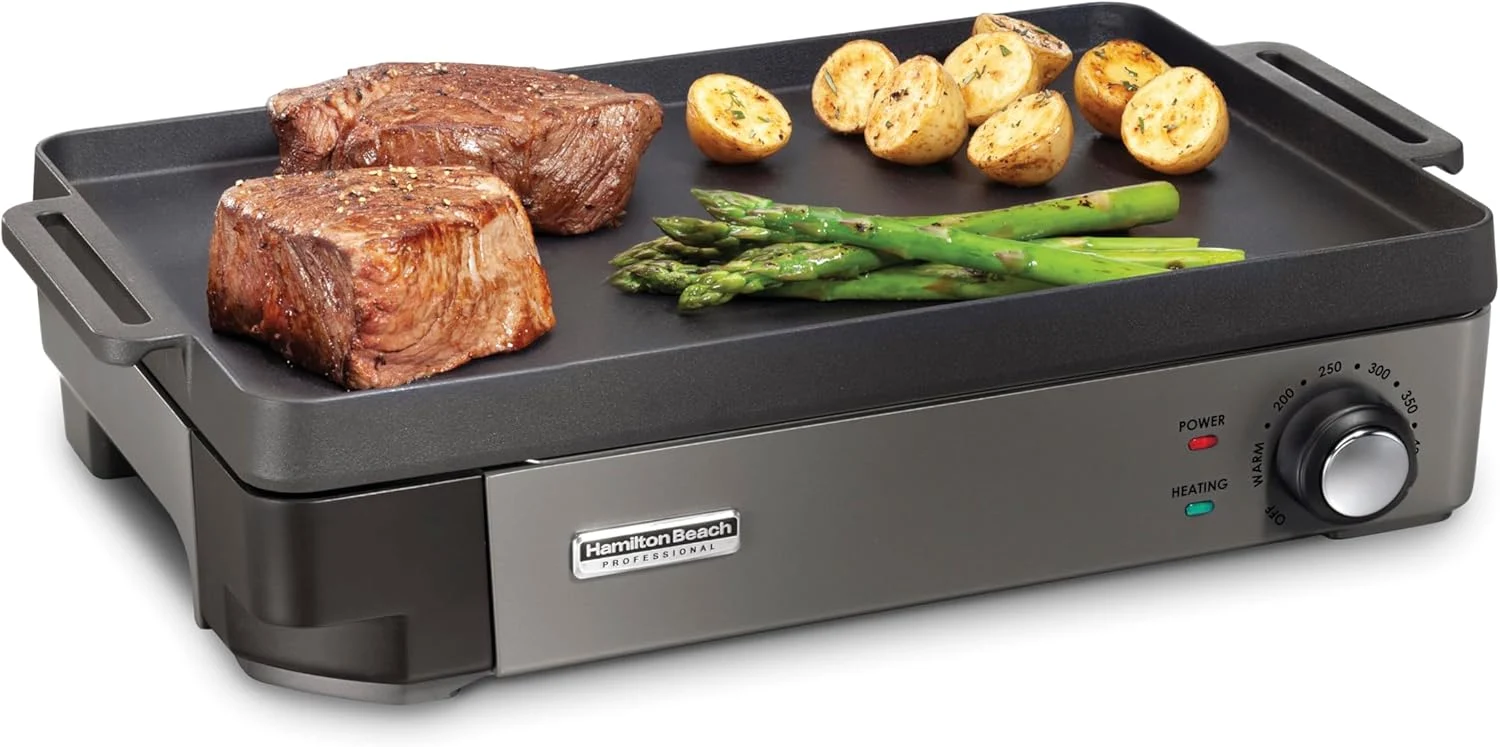 Hamilton Beach Professional Cast Iron Indoor Electric Grill & Griddle, 10″ x 16″ Preseasoned Cooking Surface, Adjustable Temperature up to 450° F, Black (38560)
