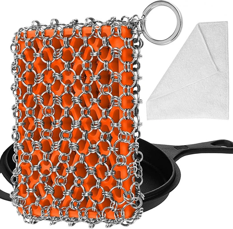 Herda Cast Iron Skillet Scrubber, Chainmail Scrubber Cast Iron Cleaner Set 316 Stainless Steel