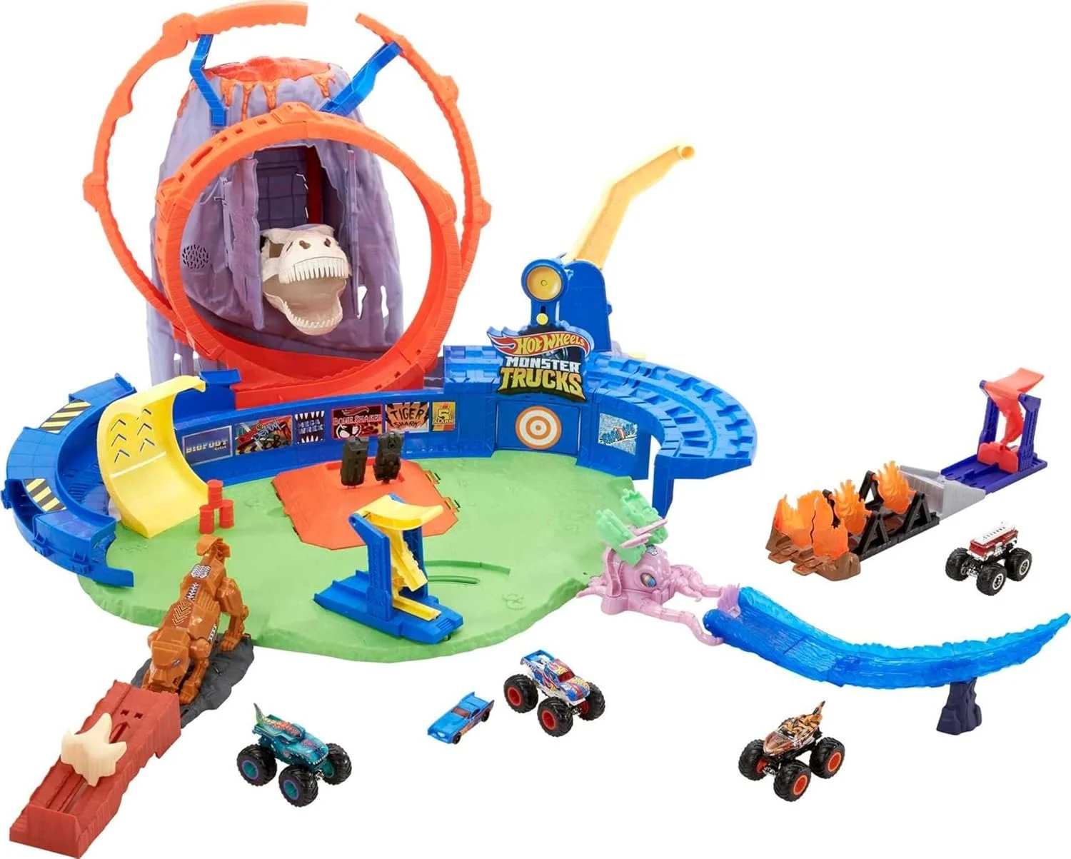 Hot Wheels Monster Trucks T-Rex Volcano Playset with 1:64 Scale Race Ace Toy Truck & 1 Toy Car, Track Set with Dinosaur Nemesis