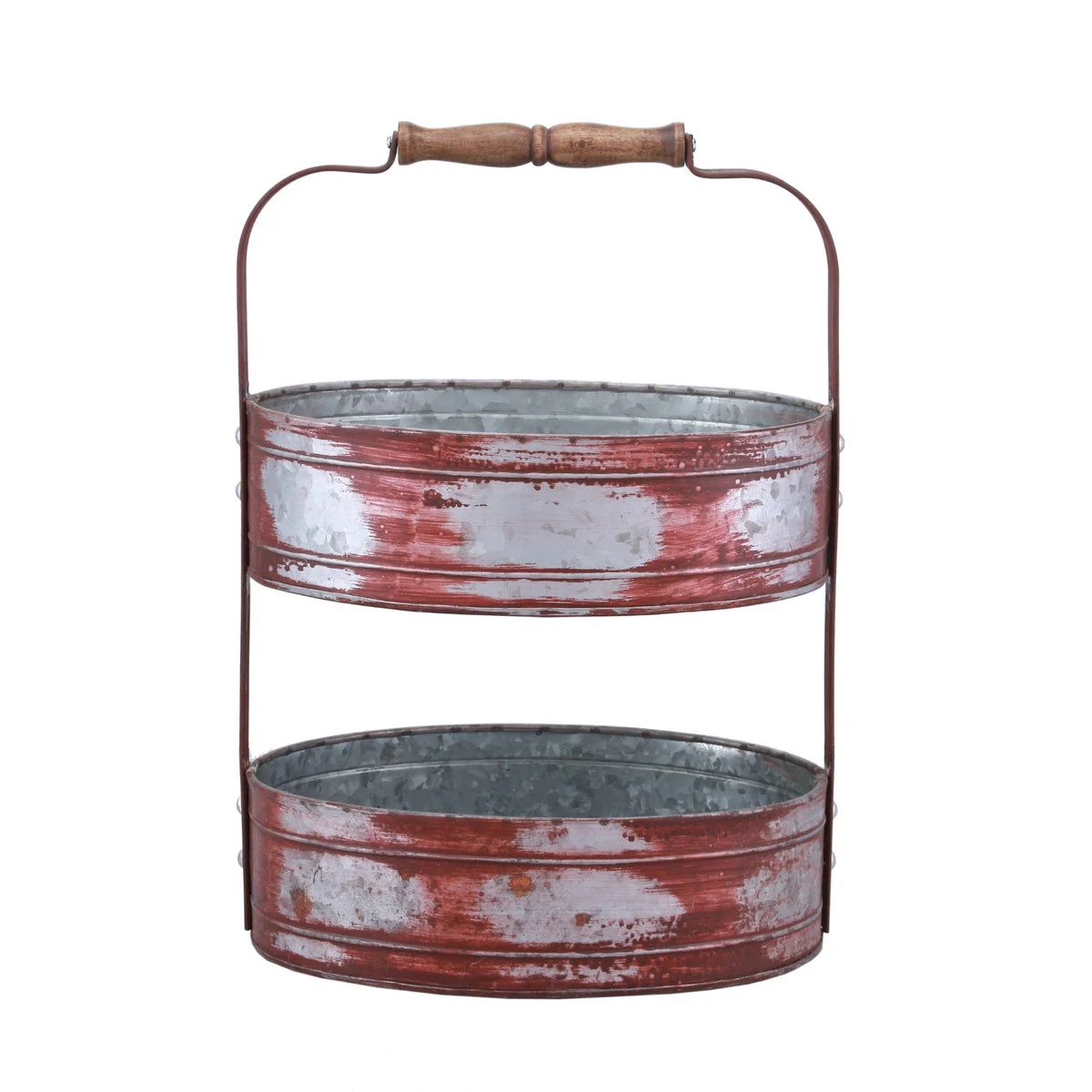 Benzara I305-HGM014 Country Style Two Tiered Galvanized Iron Tray, Red and Gray