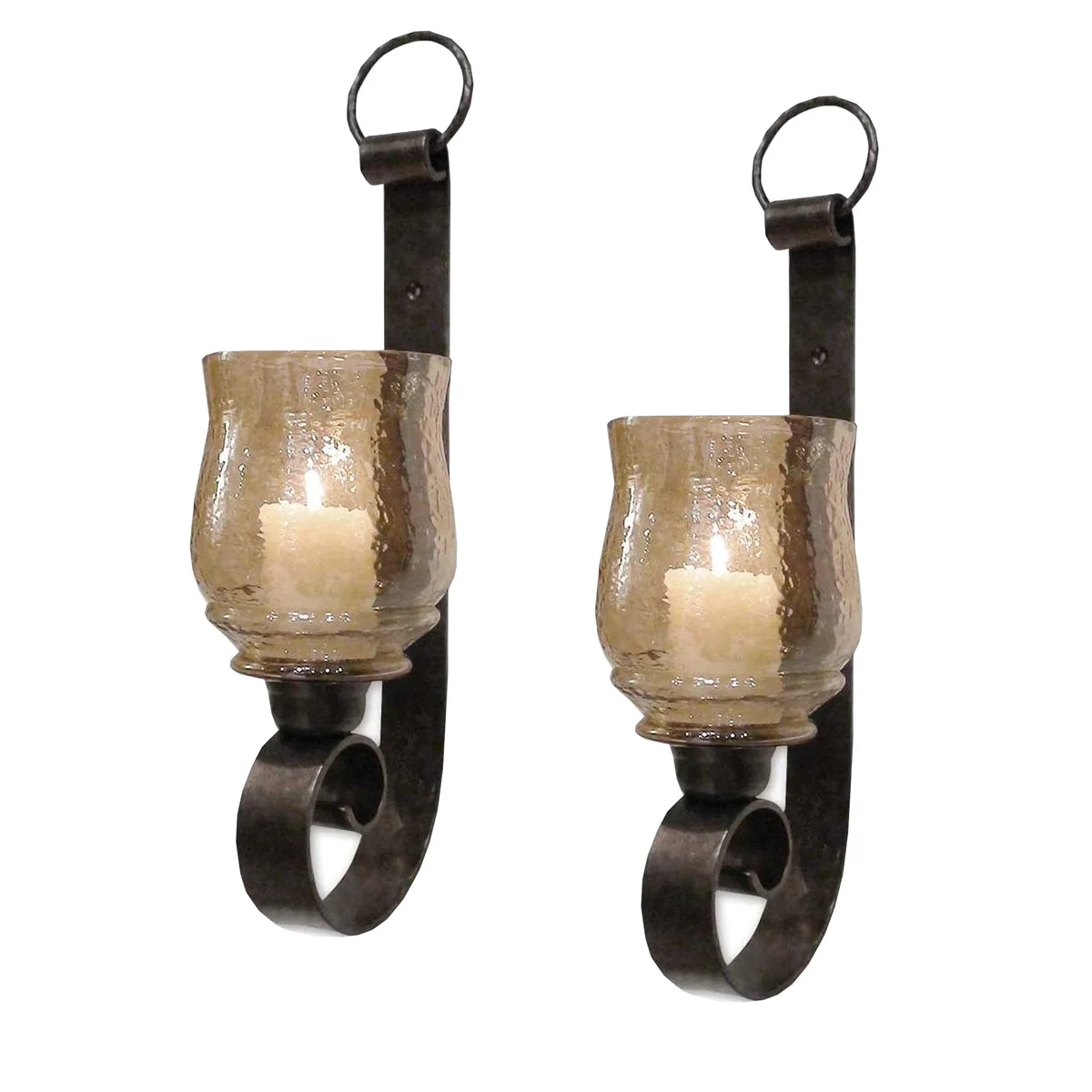 Benzara Scroll Design Metal Frame Vertical Wall Mounted Candle Holder Sconce,Set of 2, Bronze