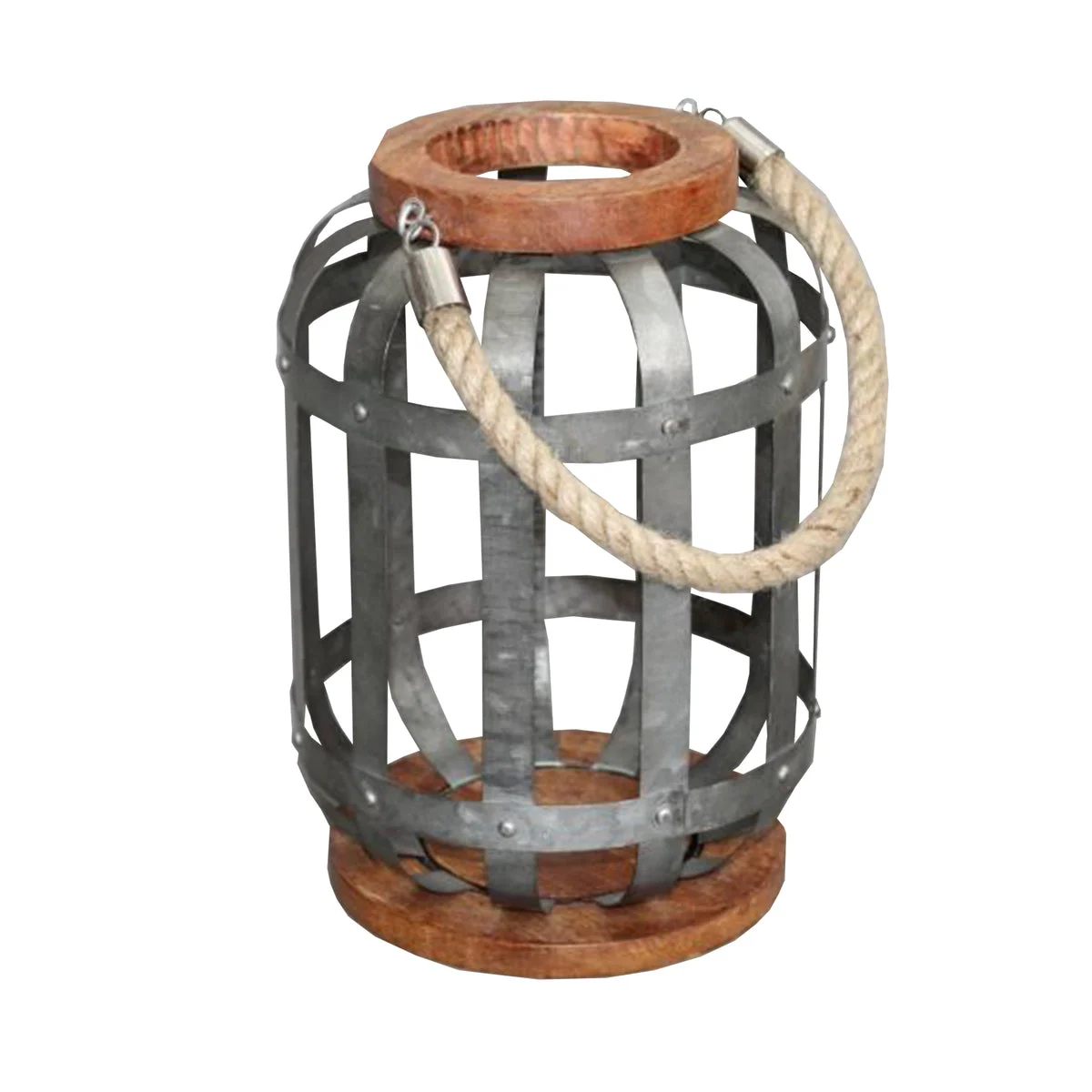 Benzara Wooden Base Bellied Shape Industrial Hanging Galvanized Lantern with Rope Handle, Gray