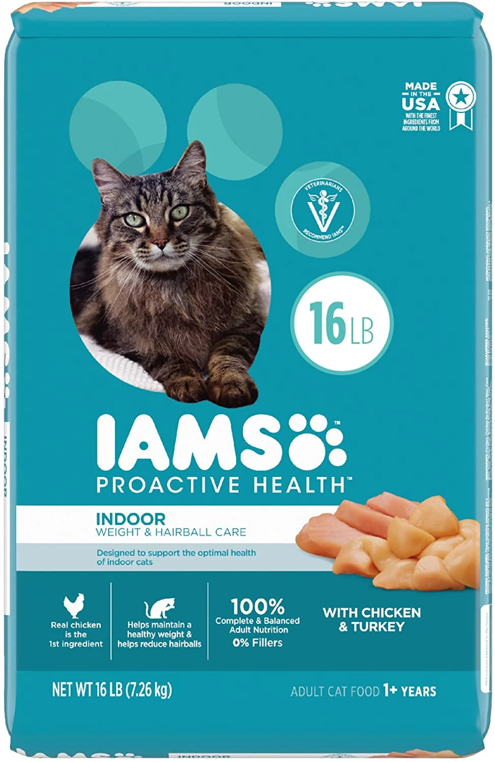 IAMS PROACTIVE HEALTH Adult Indoor Weight & Hairball Care Dry Cat Food, Chicken & Salmon Recipes 16lb