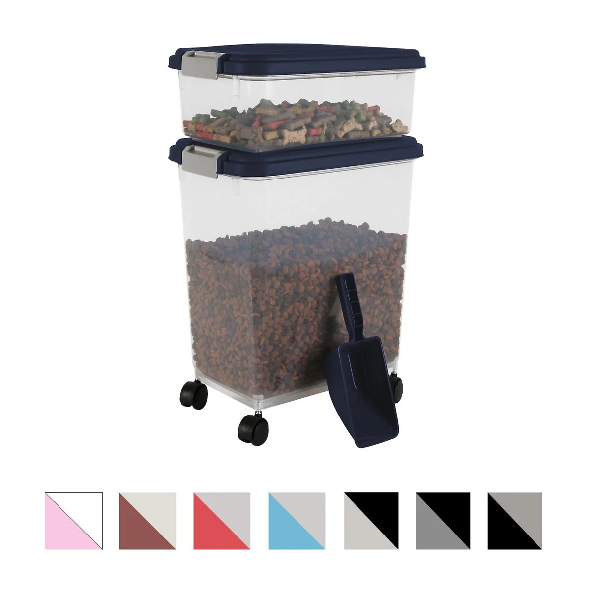 IRIS Airtight Food Storage Container and Scoop Combo for pet, dog, cat and bird food, Navy/Gray