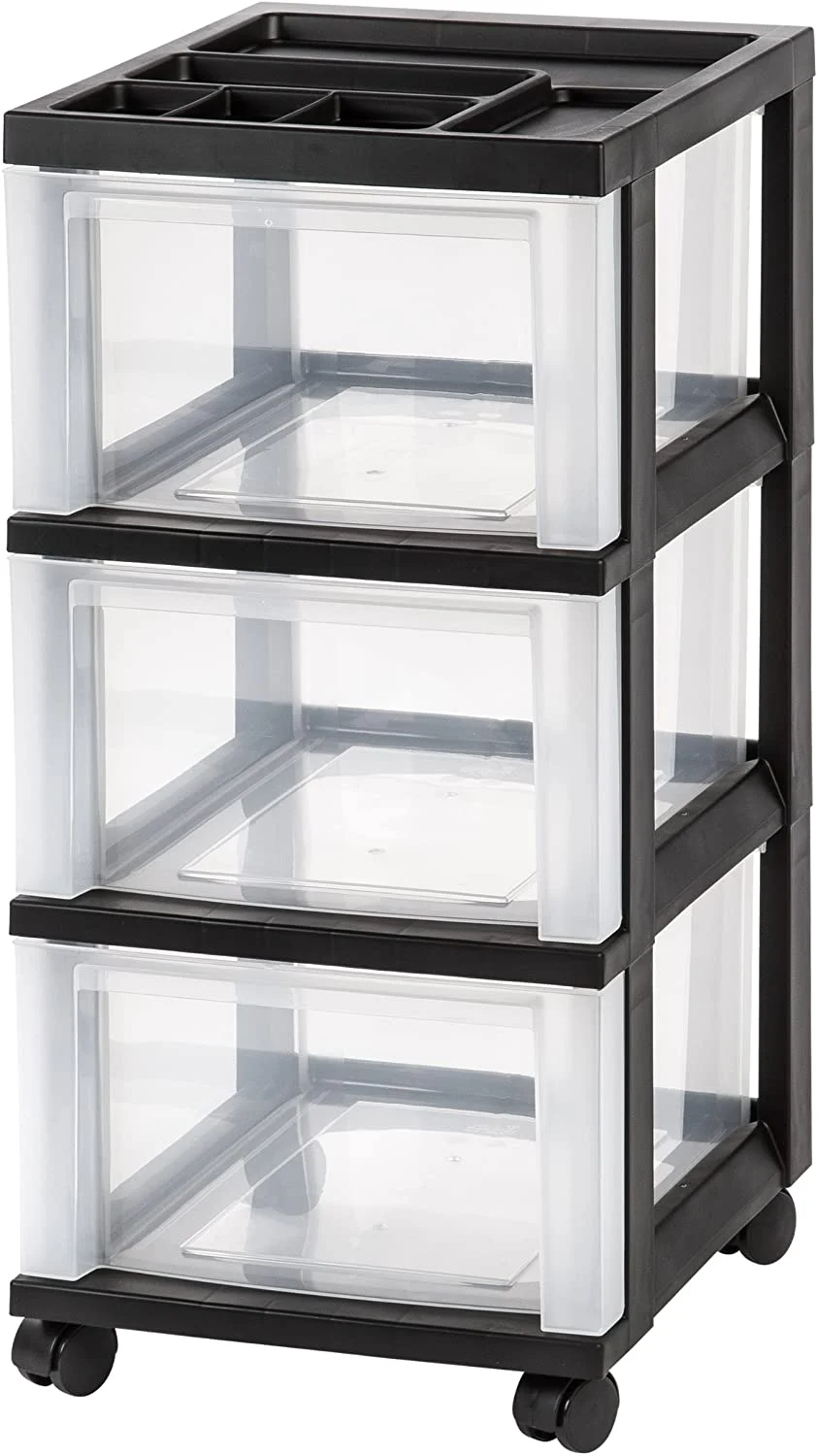 IRIS USA MC Plastic Storage Drawer, Rolling Cart with Organizer Top, 3, Black