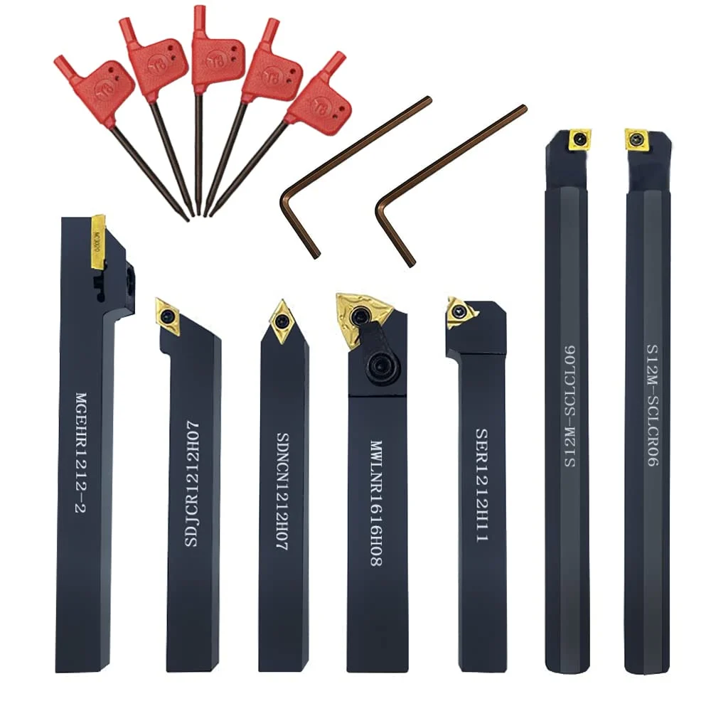 Indexable Lathe Turning Tool,1/2” Shank 7 Pieces Carbide Turning Tool Set,Metal Lathe Tools Holder for Turning Grooving Threading with Tin Coated Carbide Inserts Turning insert