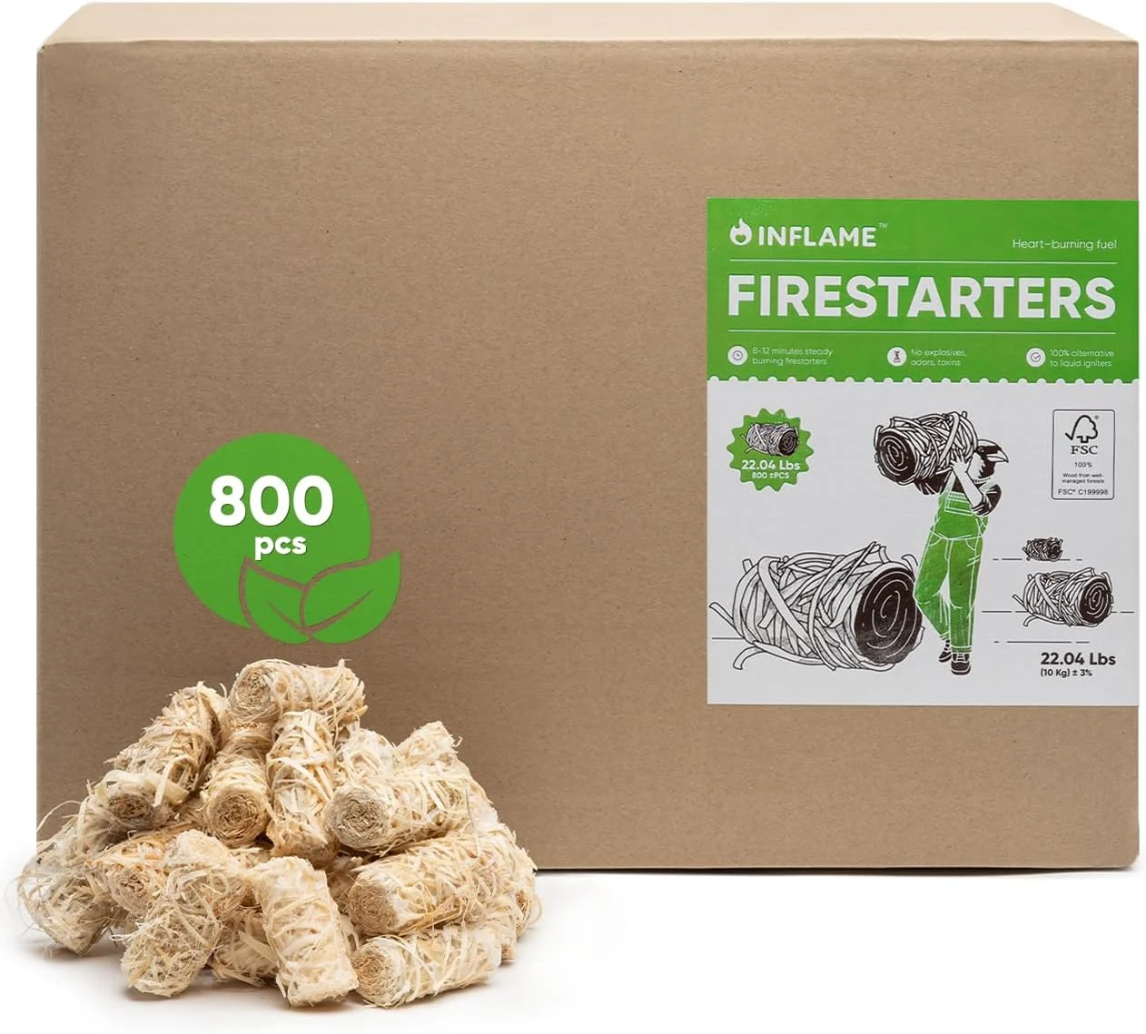 Inflame Fire Starters 800 pcs Fire Starters for Campfires, Grill, BBQ, Fireplace, Woodstove – Charcoal Starter – Waterproof, Weather-Resistant – Natural Wood Fireplace Starters