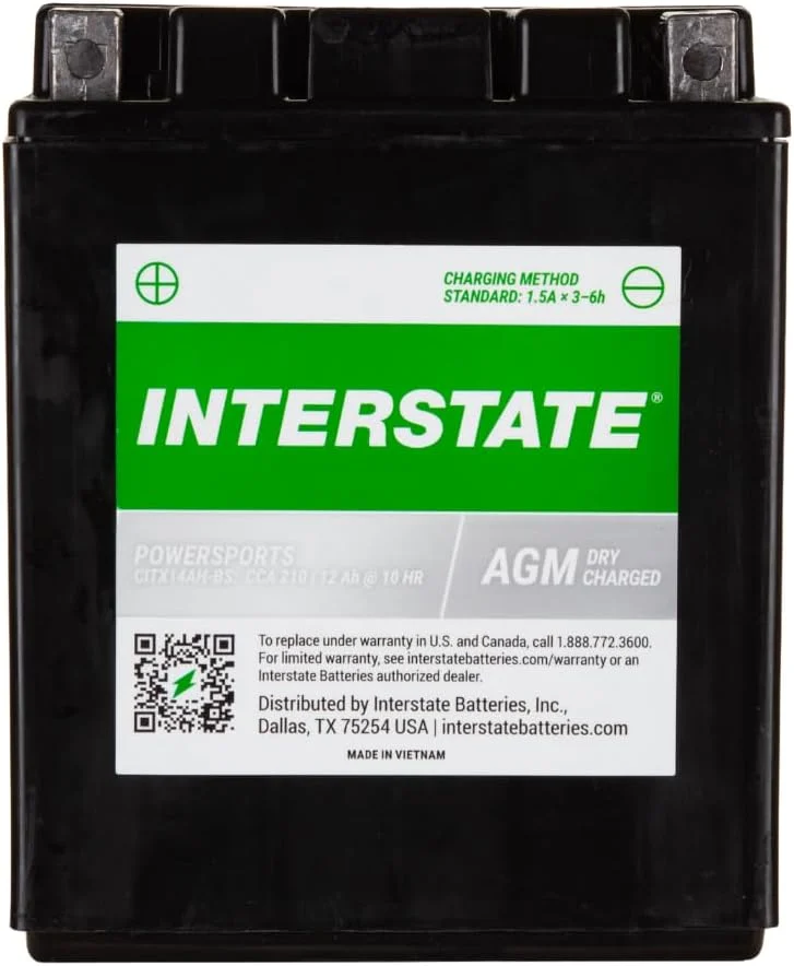 Interstate Batteries YTX14AH-BS 12V 12Ah Powersports Battery 210CCA High-Performance AGM Rechargeable Replacement for Kawasaki, Polaris, Yamaha ATVs, UTVs, Snowmobiles, Motorcycles (CITX14AH-BS)