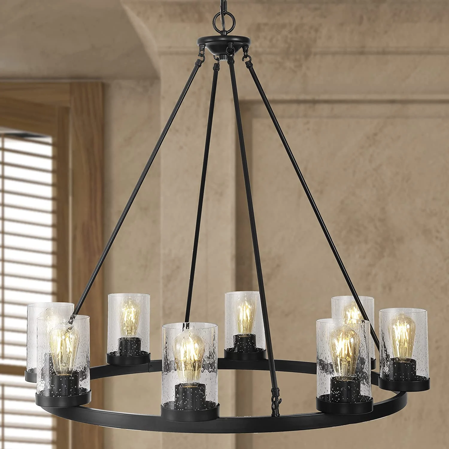 JONATHAN Y JYL7554A Pablo Ring 33.5″ 8-Light Iron/Seeded Glass Bohemian Cottage LED Chandelier, Farmhouse,Rustic Adjustable Dining Room, Living Room, Kitchen, Foyer, Oil Rubbed Bronze