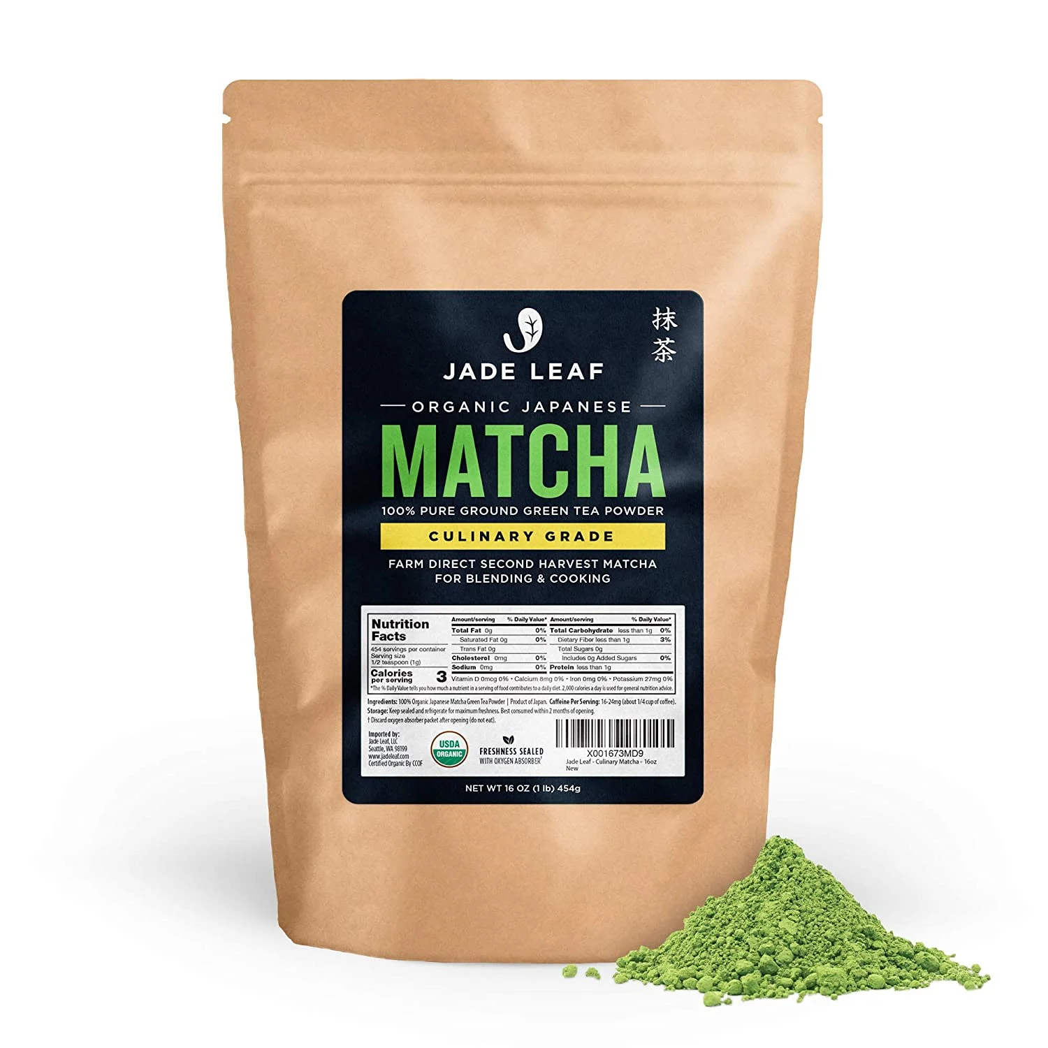 Jade Leaf Organic Matcha Green Tea Powder – Authentic Japanese Origin – Premium Second Harvest Culinary Grade (1 Pound)