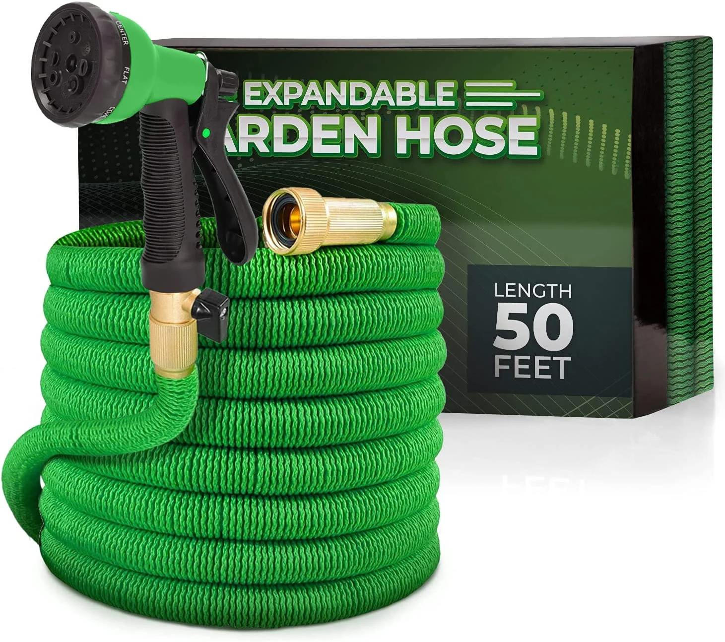 Joeys Garden Expandable Garden Hose with 8 Function Hose Nozzle, Lightweight Anti-Kink Flexible Garden Hoses, Extra Strength Fabric with Double Latex Core (50 FT, Green)
