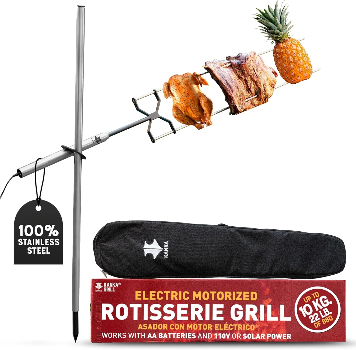 KANKA Rotisserie Grill Kit – Heavy Duty Portable Spit Roaster with Electric Motor – Works with Fire Pits, Campfires, Charcoal & Gas Grills – 22LB Capacity, Stainless Steel – Includes Carrying Bag