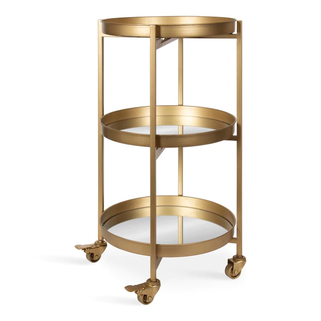 Kate and Laurel Celia Modern Glam 3-Tier Metal Bar Cart,13.75-in x 28-in, Gold, Decorative Round Serving Cart with Lockable Wheels