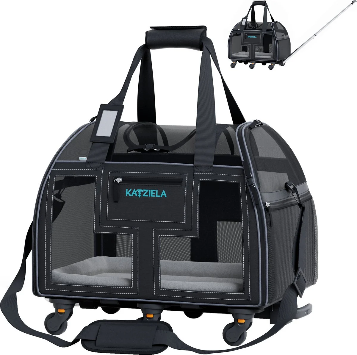 Katziela Rolling Pet Carrier Airline Approved – Pet Carrier with Wheels – Luxury Lorry – Deluxe TSA Approved Cat Carrier with Wheels – Small Airline Approved Dog Carrier Trolley – Plane Carry On Bag