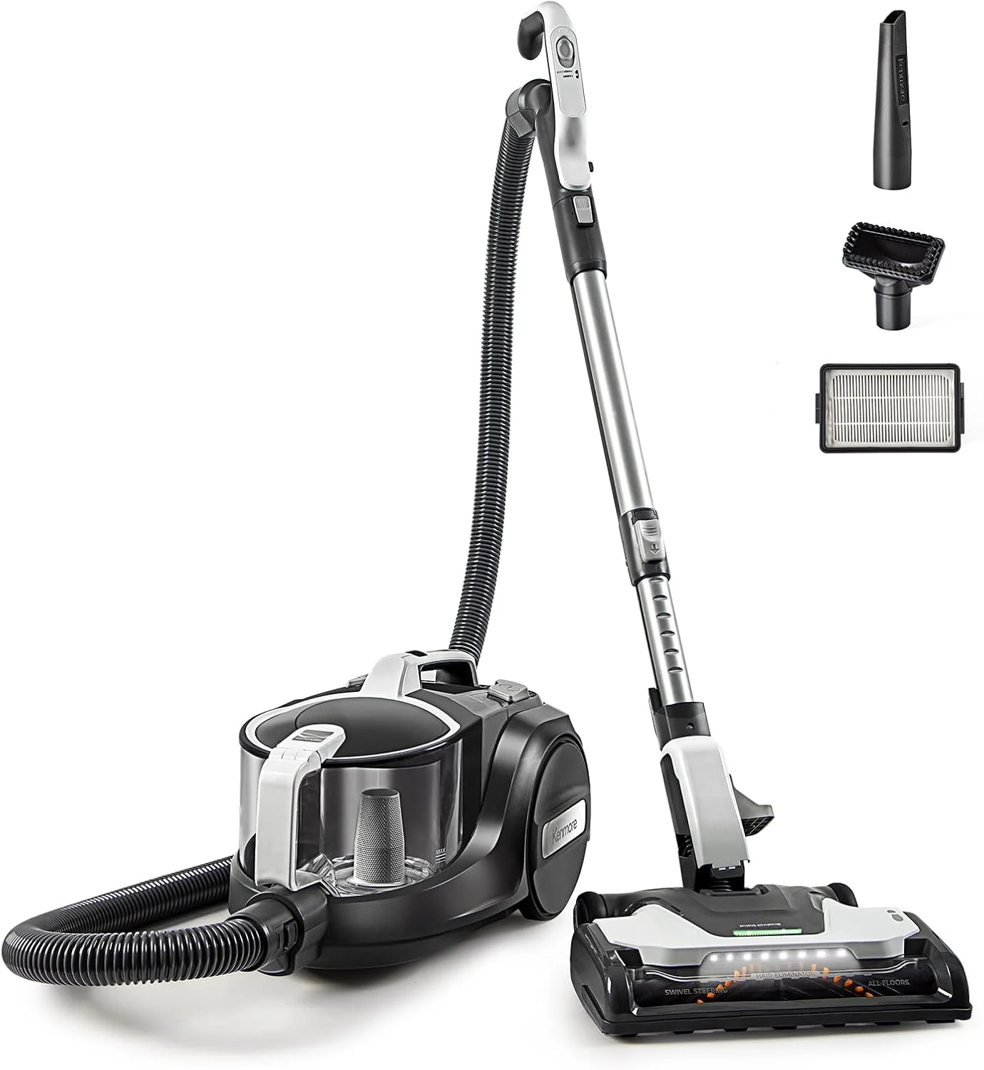 Kenmore DC5070.01 Upgrade 500 Series Bagless Canister Vacuum with Hair Eliminator Brushroll，2-Motor Cyclonic Technology, HEPA Filtration & 24′ Auto Cord Rewind for Pet, Carpets, Hard Floors, Stairs