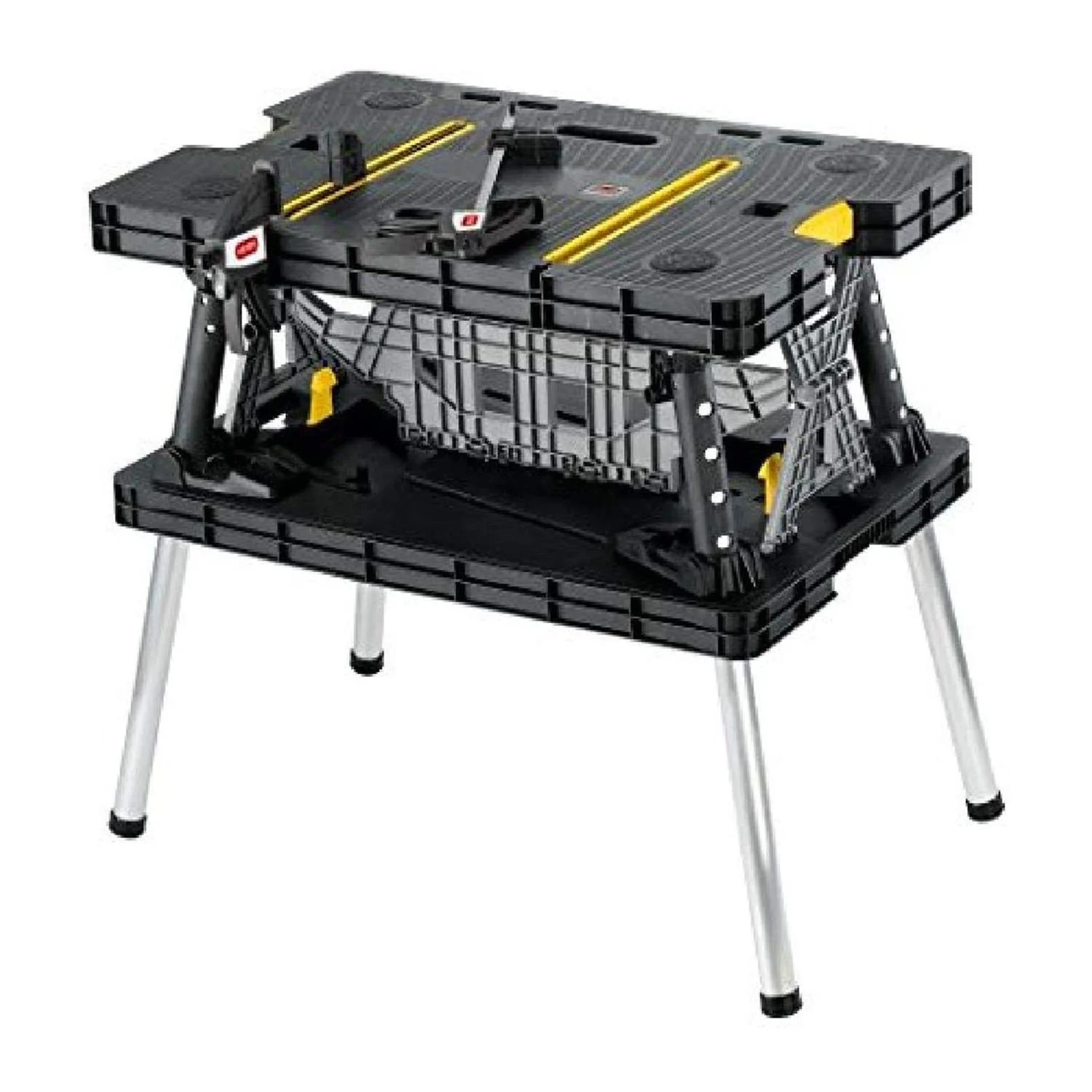 Keter Folding Portable Workbench Sawhorse with (2) 12″ Clamps, Black and Yellow