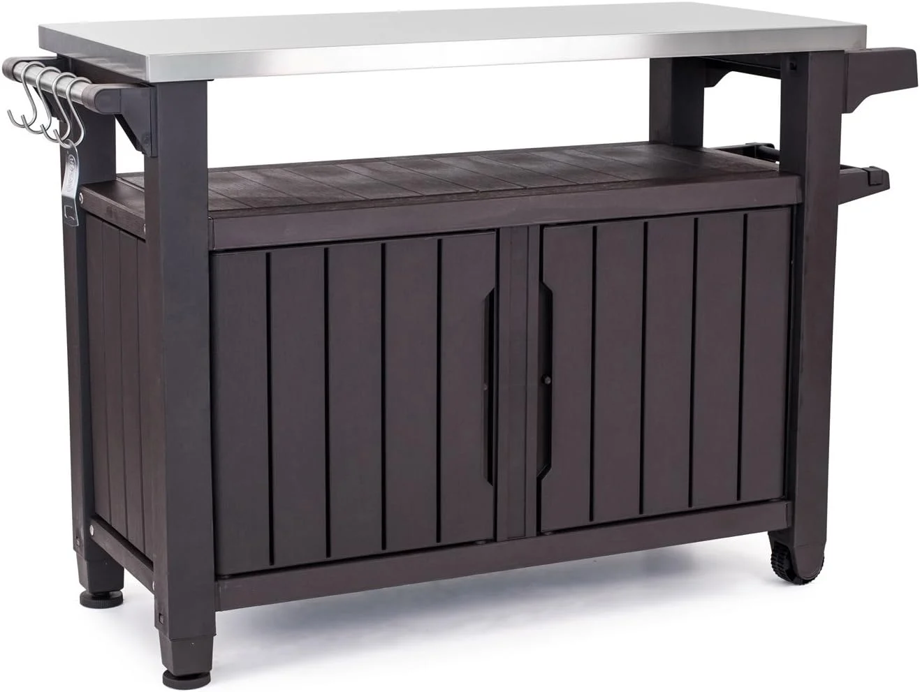 Keter Outdoor Rolling Table Cart for Food Prep, Storage, Bar & Grill, Dark Brown – Portable Kitchen Island Tabletop with Wheels for Drinks, Snacks, and Cooking