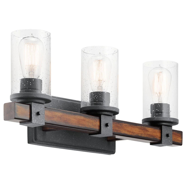Kichler Barrington 22-in 3-Light Distressed Black and Wood Tone Rustic Vanity Light