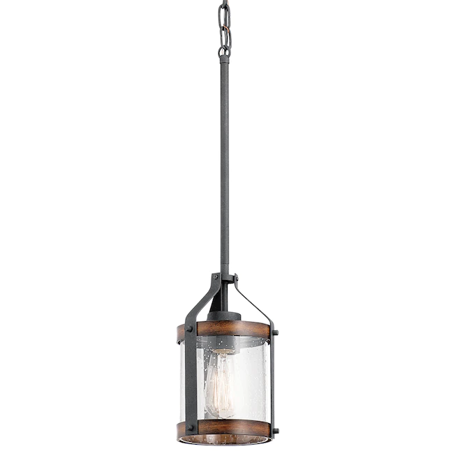 Kichler Barrington Distressed Black and Wood Tone Rustic Seeded Glass Cylinder Mini Pendant Light