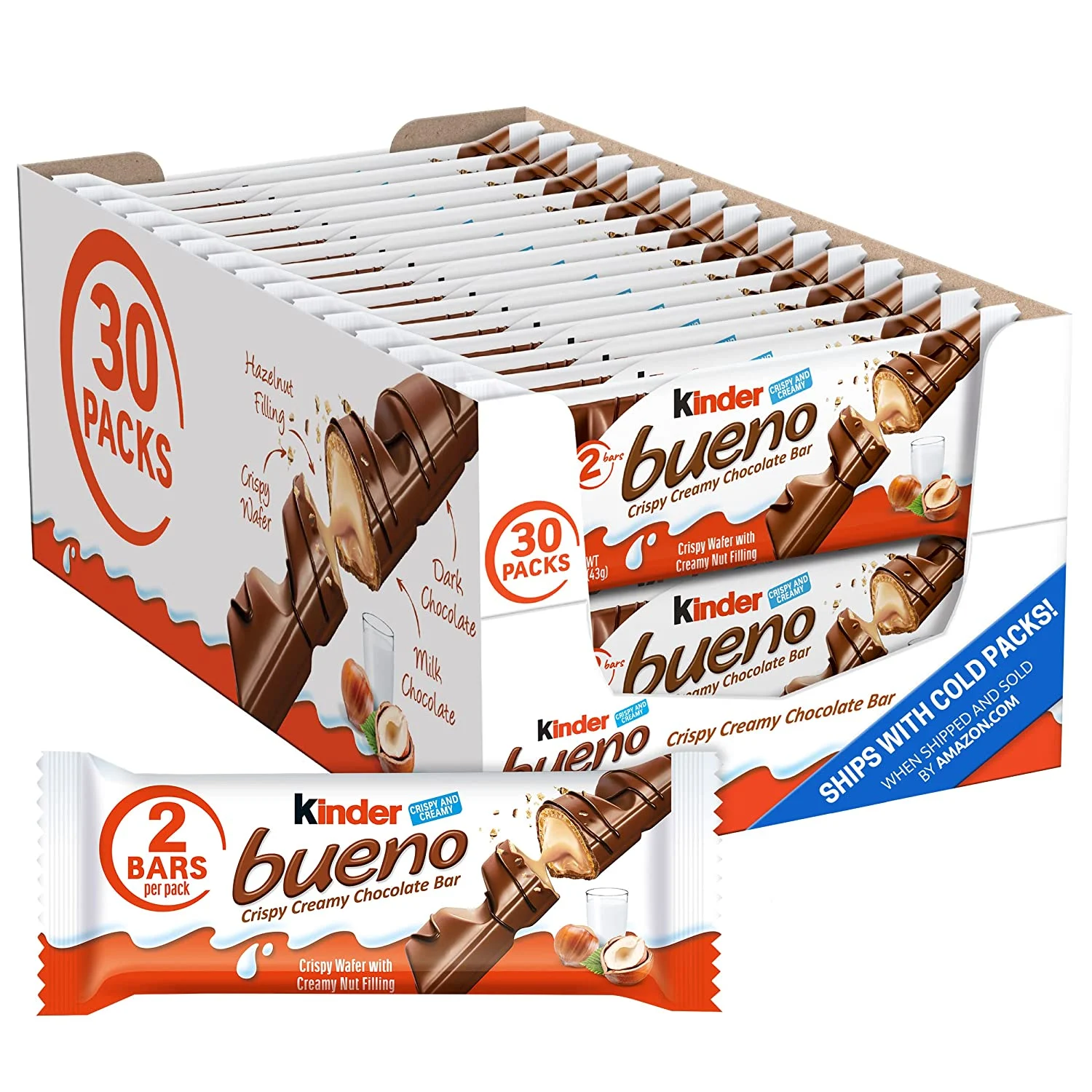 Kinder Bueno Milk Chocolate and Hazelnut Cream Candy Bar, 30 Packs, 2 Individually Wrapped 1.5 oz Bars Per Pack