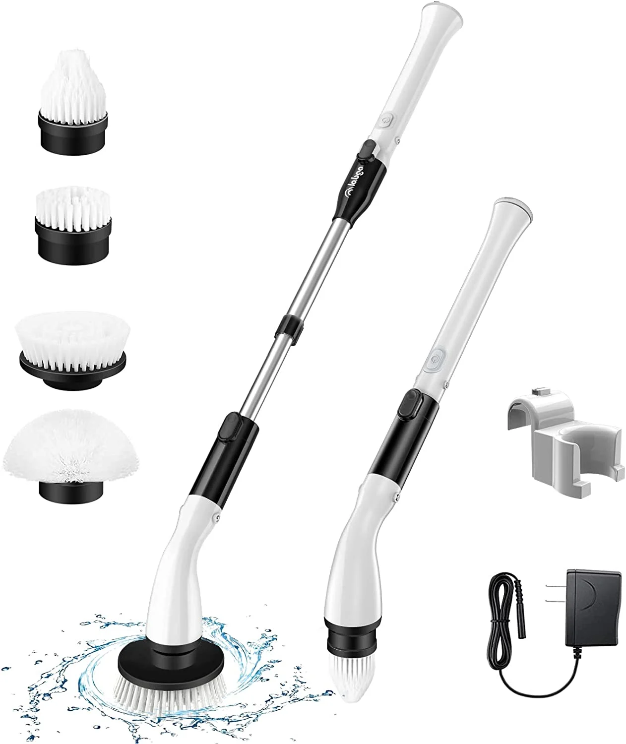 LABIGO Electric Spin Scrubber, with 4 Replaceable Brush Heads and Adjustable Extension Handle, Power Cordless Spin Scrubber for Bathroom Stone Tile Floor,Grout,Grooves(Black)