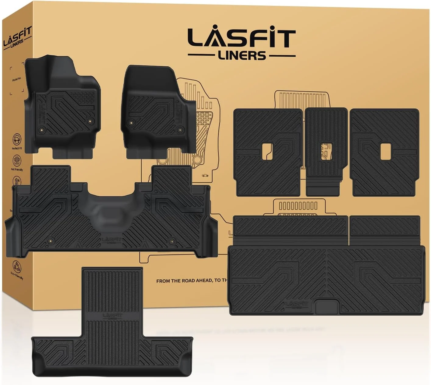 LASFIT Floor Mat&Cargo Backrest Mat for (ONLY Fit 7 Seats Standard) Ford 2025 2026 Expedition & Lincoln Navigator(only fit 2row Bucket seat),Fit 100% TPE Easy Clean Floor Liners,Full Set,Black