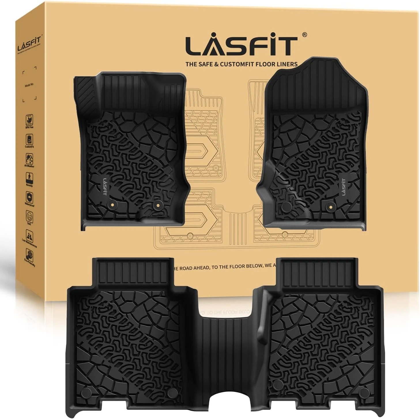 LASFIT Floor Mats for Ford Bronco 4-Door 2025 2024 2023 2022 2021(Not Fit Bronco Sport) TPE All Weather Protector Custom Fit SUV Floor Liners, 1st & 2nd Row, 3pcs Black