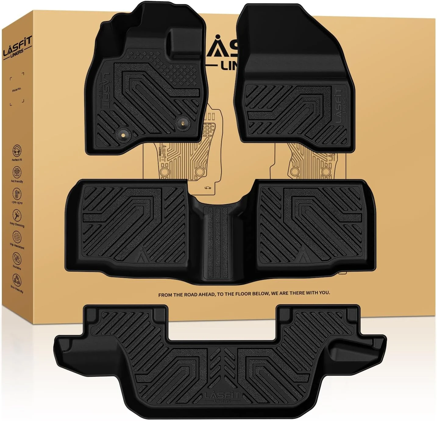 LASFIT Floor Mats for Ford Explorer 2015-2019 7 Seater All Weather TPE Car Liners Custom Fit for Front, Rear and 3rd Row, Black 4pcs