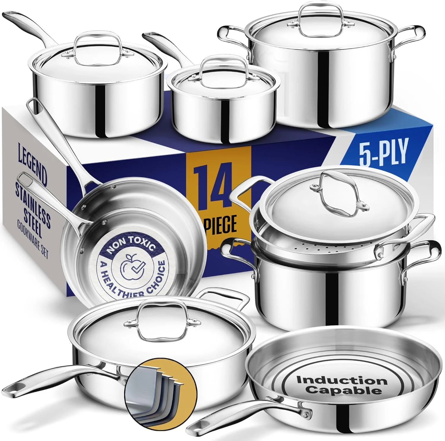 LEGEND COOKWARE Stainless Steel Cookware Set | 5 Ply 14-Piece Pot and Pan Set Induction Compatible, Non-Toxic | Best Heavy Duty 18/8 Full Clad Construction | Oven Safe Even Heating PFOA PTFE PFOS Free
