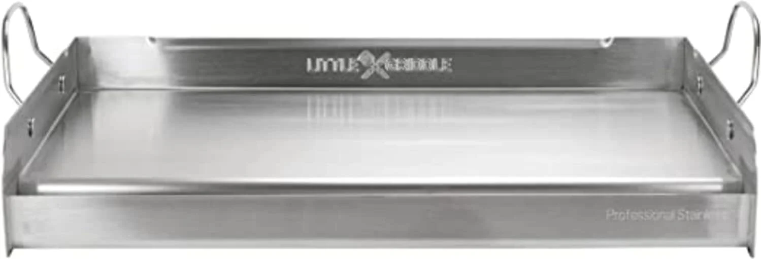 LITTLE GRIDDLE 100% Stainless Steel Griddle with Even Heat Cross Bracing and Removable Handles – For Grills, Camping, Tailgating, Silver, 25″ x 16″ x 6.5″
