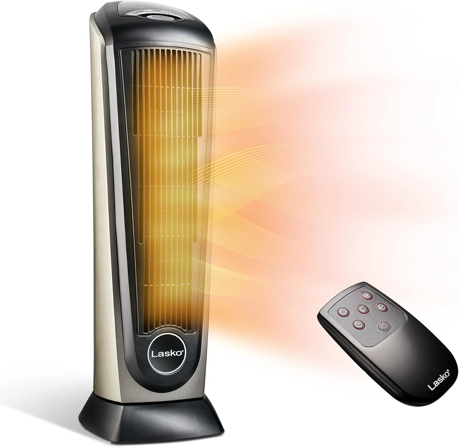 Lasko Oscillating Ceramic Tower Space Heater for Home with Adjustable Thermostat, Timer and Remote Control, 22.5 Inches, Grey/Black, 1500W, 751320