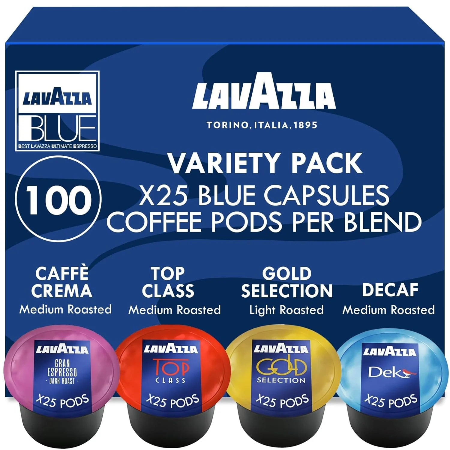 Lavazza Blue Capsules Coffee Pods, Best Value Variety Pack – Decaf Dek, Gran Espresso, Top Class, Gold for for Lavazza LB Machines (all types), 100-Count