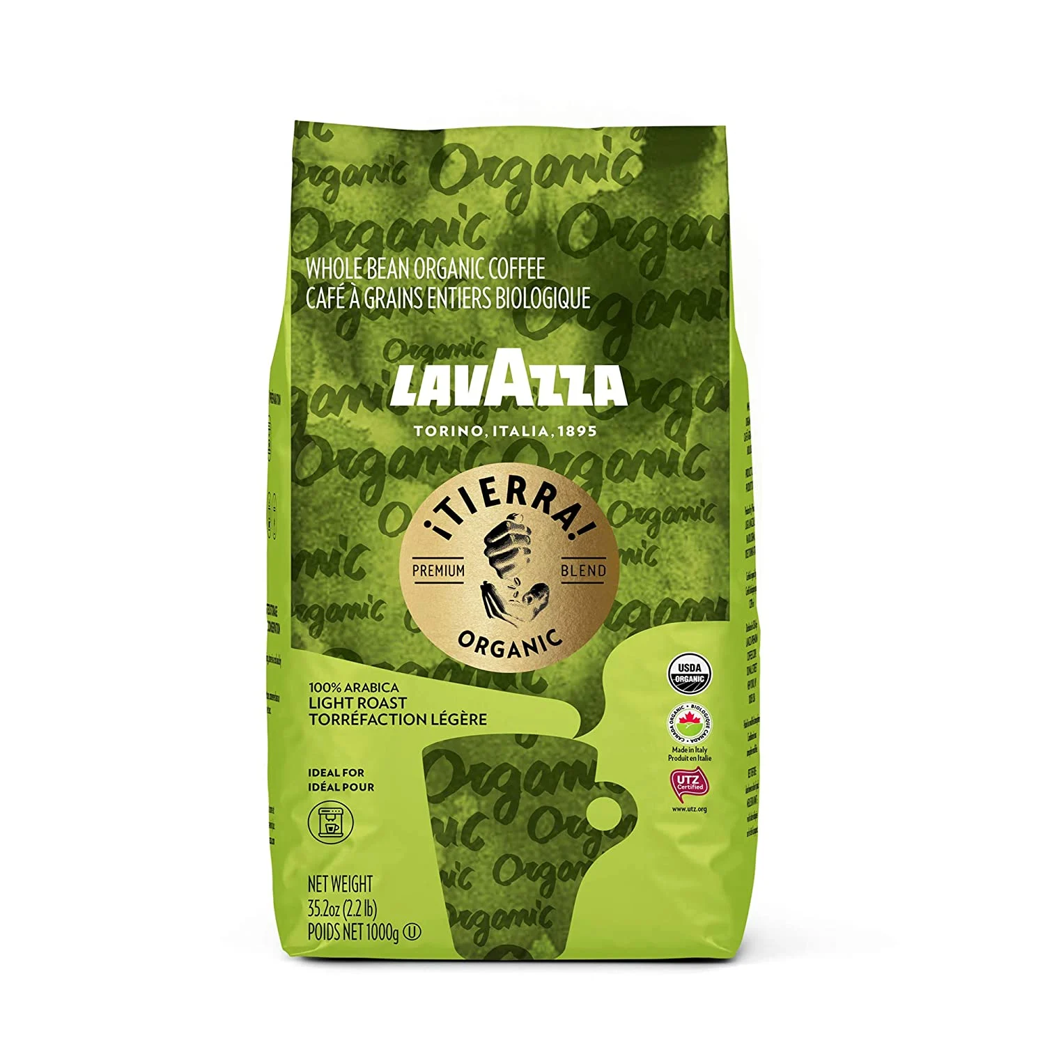 Lavazza Organic Tierra Whole Bean Coffee Blend, Light Roast, 2.2 LB (packaging may vary) ,Premium Arabica, USDA Organic, Canada Organic, UTZ & Euro Leaf Organic certified;100% sustainably grown