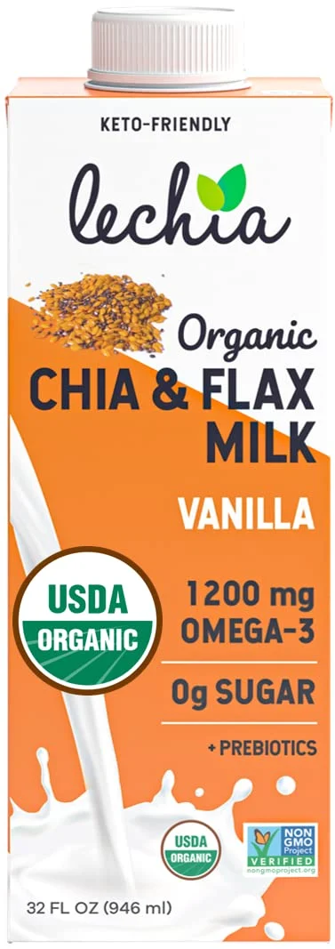 Lechia Organic Chia & Flax Milk Vanilla, 1200mg Omega-3, Plant-Based, Keto, 32oz (6 Pack)