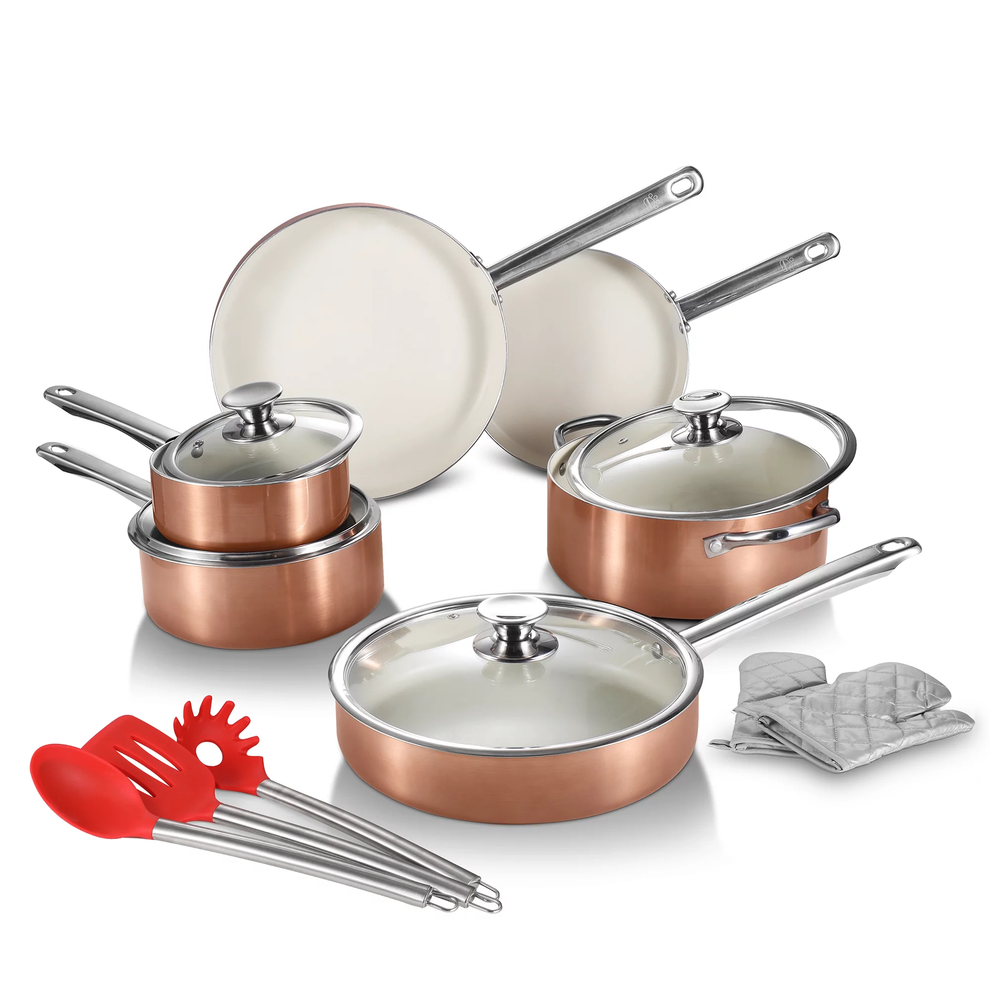 LovoIn 13-Piece Aluminum Cookware Set Non-stick Stainless Steel Handles – Rose Gold