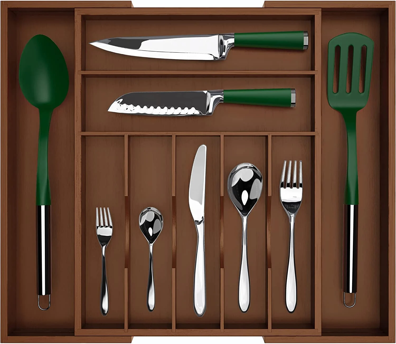 Luxury Bamboo Kitchen Drawer Organizer – Silverware Organizer – Utensil Holder and Cutlery Tray (9 Slot, Brown)