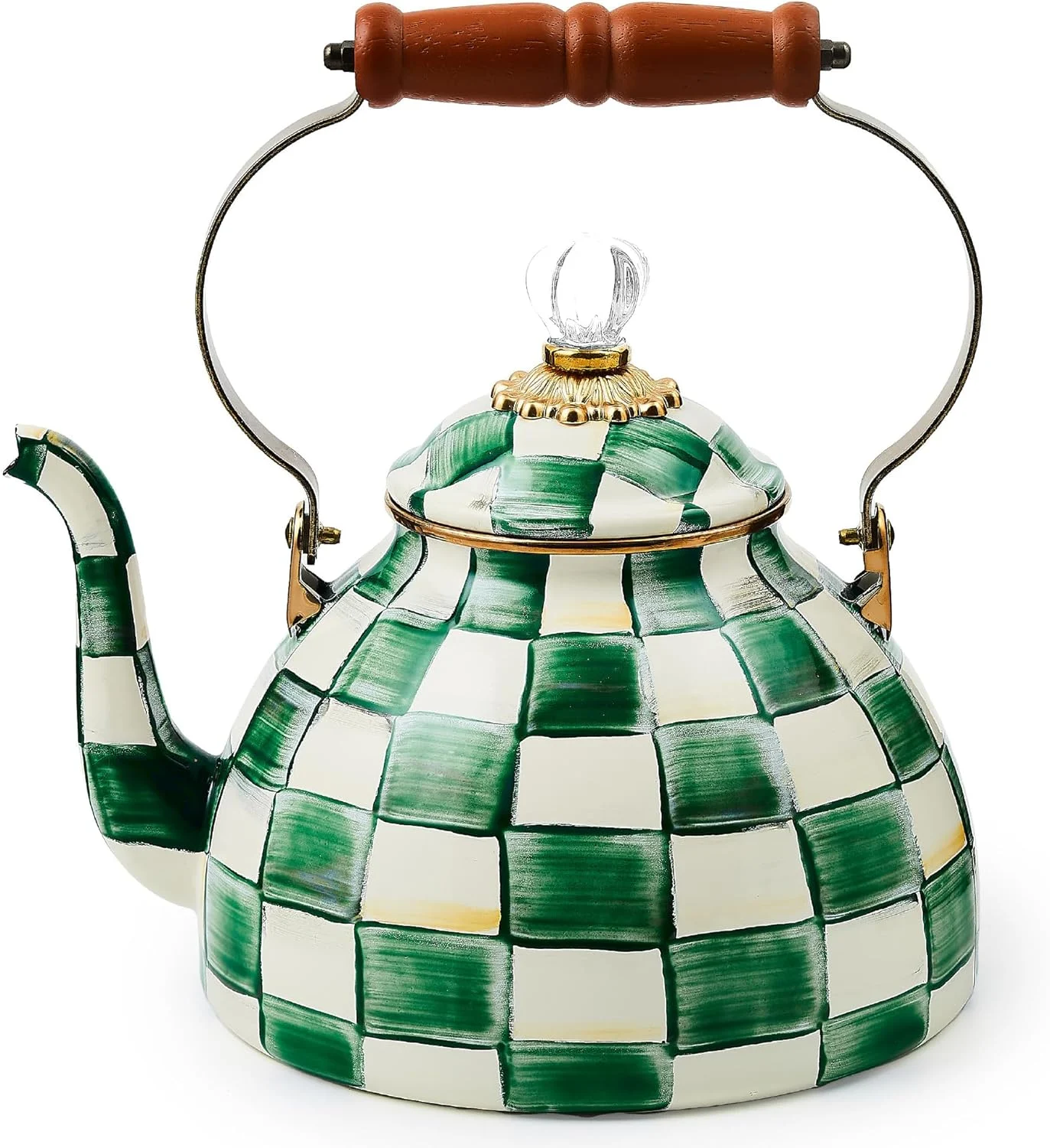 MACKENZIE-CHILDS Enamel Tea Kettle, Stylish Tea Kettle for Stovetop, Green-and-White Emerald Check, 3 Quarts