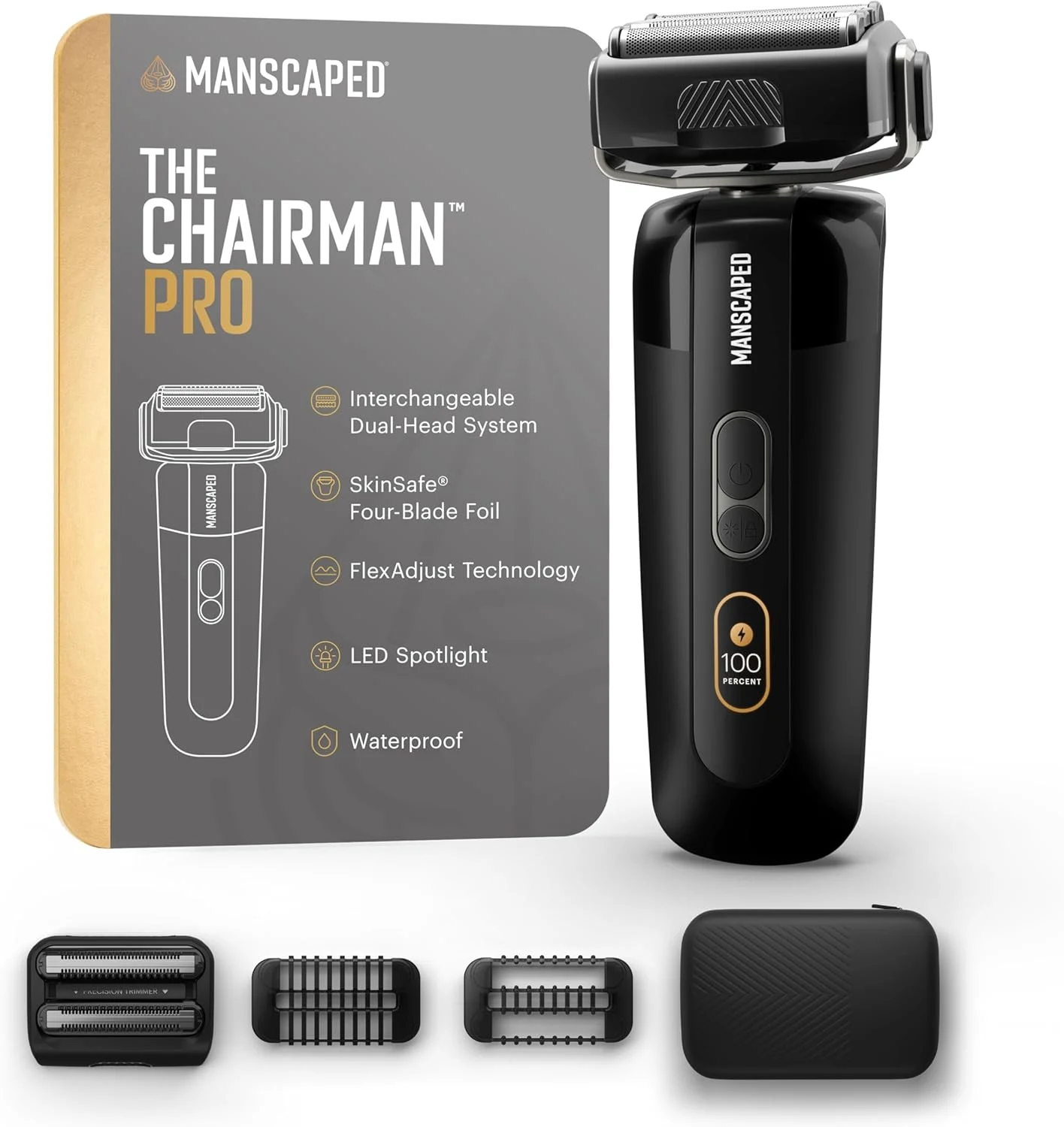 MANSCAPED® The Chairman™ PRO Men’s Electric Foil Face Shaver – Two Interchangeable Blade Heads, SkinSafe® Four-Blade Foil & Stubble Trimmer, USB-C Wireless Compatible Charging, Gentle on Neck