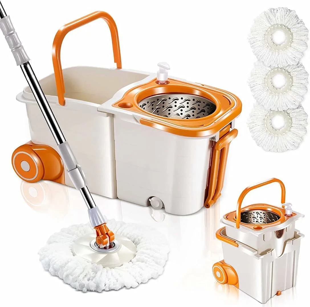 MASTERTOP Spin Mop Bucket System with Wringer Set – Floor Mop Stainless Steel Mop Handle, Mop Buckets Separate Clean and Dirty Water, 4 Washable Microfiber Mop Head, Cleaning Bucket Easy to Store
