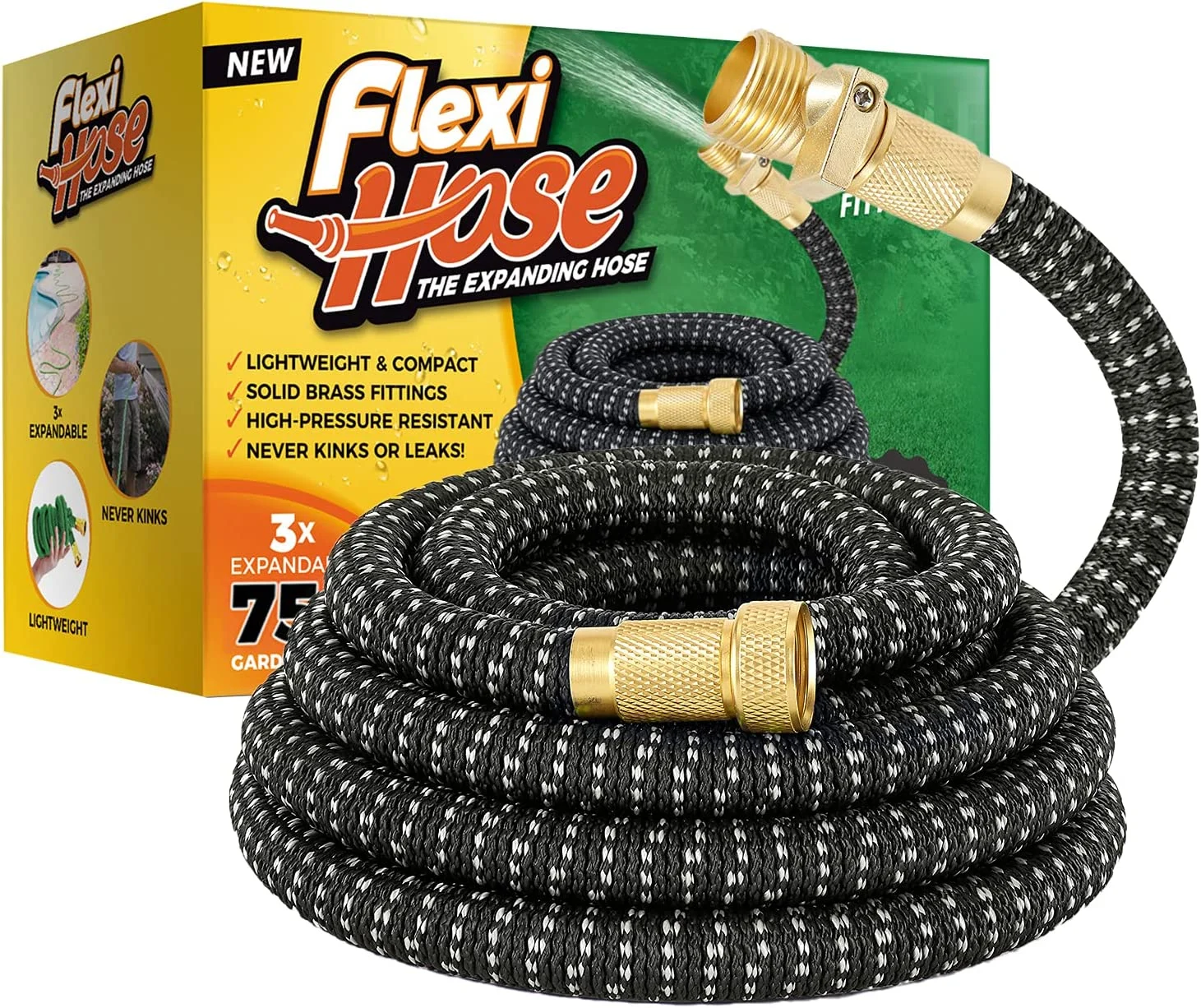 MULTIPLE COLORS – Flexi Hose Lightweight Expandable Garden Hose, No-Kink Flexibility, 3/4 Inch Solid Brass Fittings and Double Latex Core (75ft, Gray & Black)